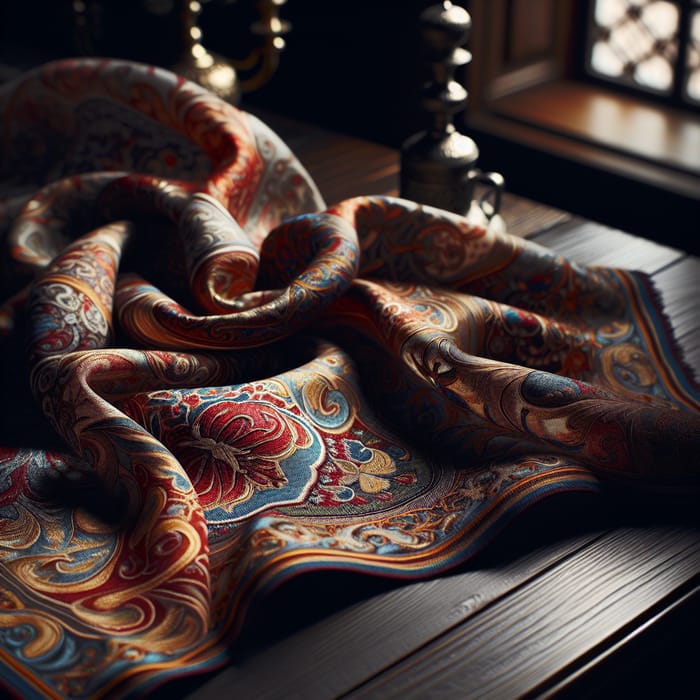 Elegant Silk Scarf with Vibrant Red, Blue, and Gold Patterns