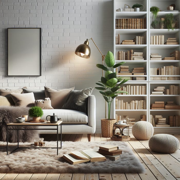 Cozy Minimalist Living Room with Woolen Rug and Greenery