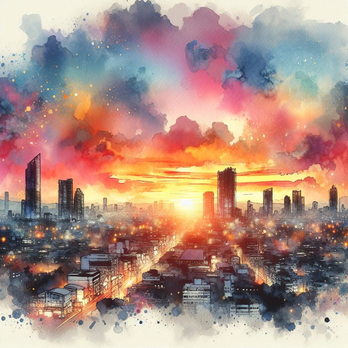 Watercolor Sunrise Over a Bustling City