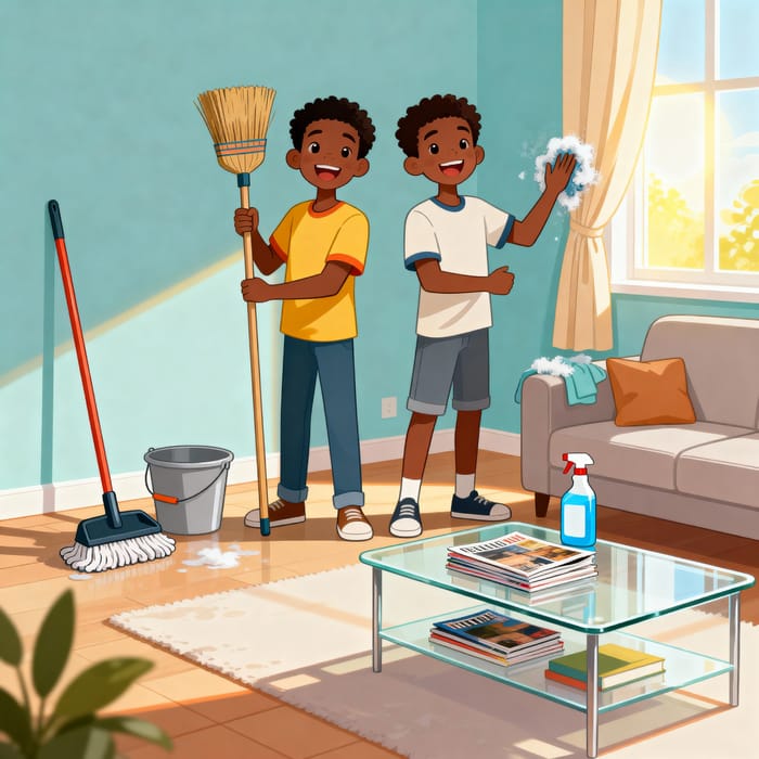 Cheerful Cleaning: Young Boys in a Tidy Room Cheerful Cleaning: Young Boys in a Tidy Room