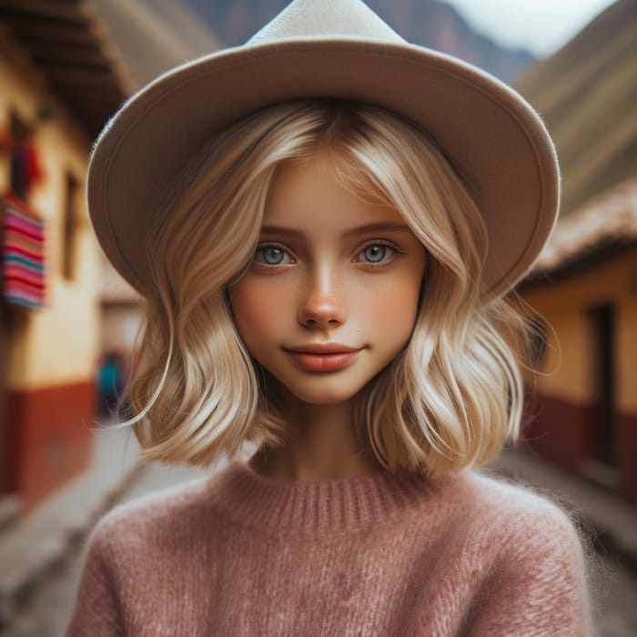 Beautiful Blonde Girl with Blue Eyes in Peruvian Hat