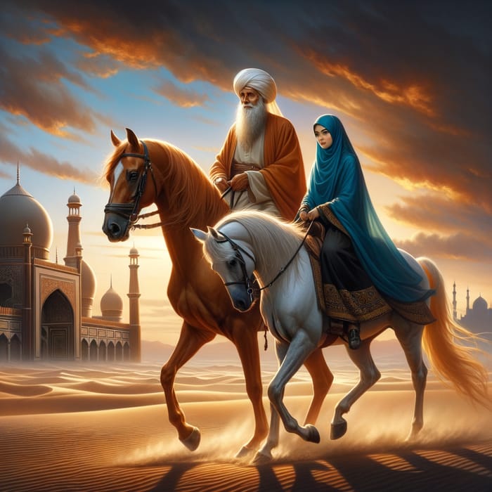 Islamic Figures Riding Horses at Dusk