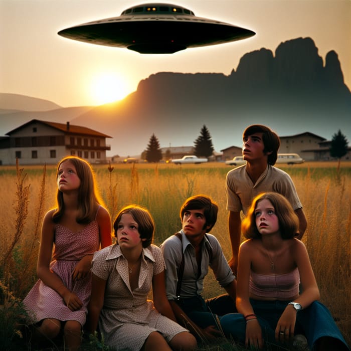 Captivating 70s Summer Encounter with UFO in Meadow