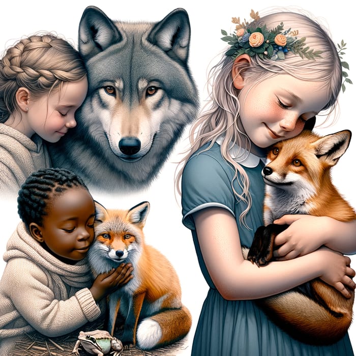 Heartwarming Scenes: Wolf Loving Girl, Fox, and Frog