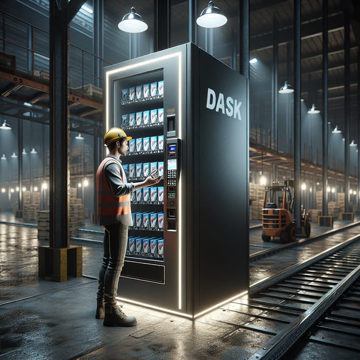 Worker in Industrial Warehouse using Vending Machine for Work Gloves