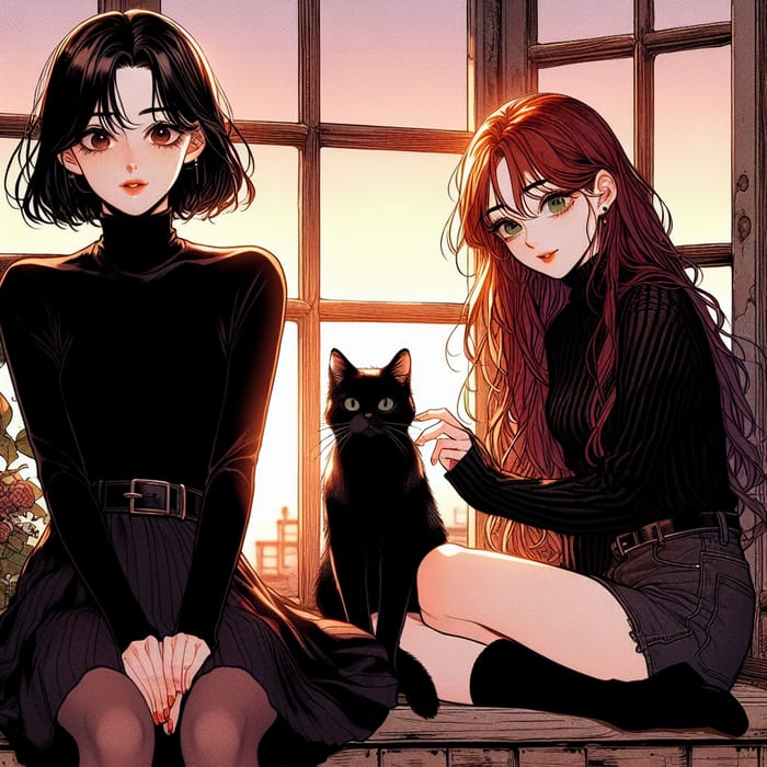 Detailed Manhwa Style Sunset Image of Two Beautiful Girls | Illustration