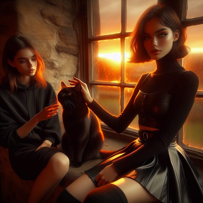 Dreamy Sunset Scene with Two Girls in Edward Hopper Style