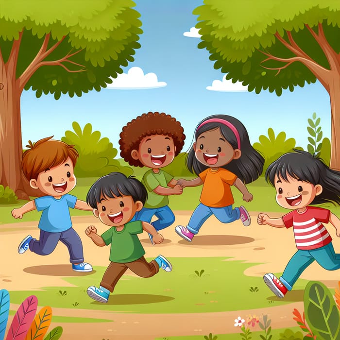 Cheerful Children Playing Tag Game in Park