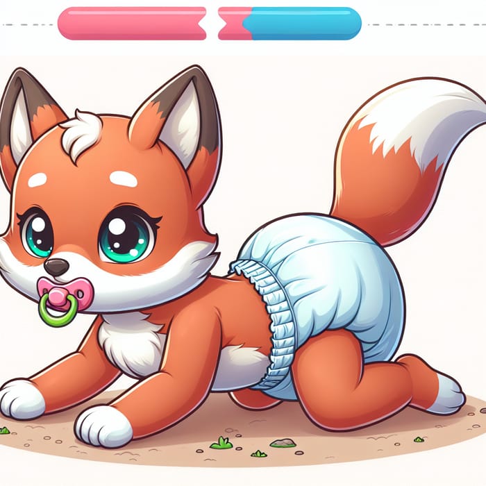 Adorable Two-Tailed Fox Newborn in Diapers and Pacifier Crawls