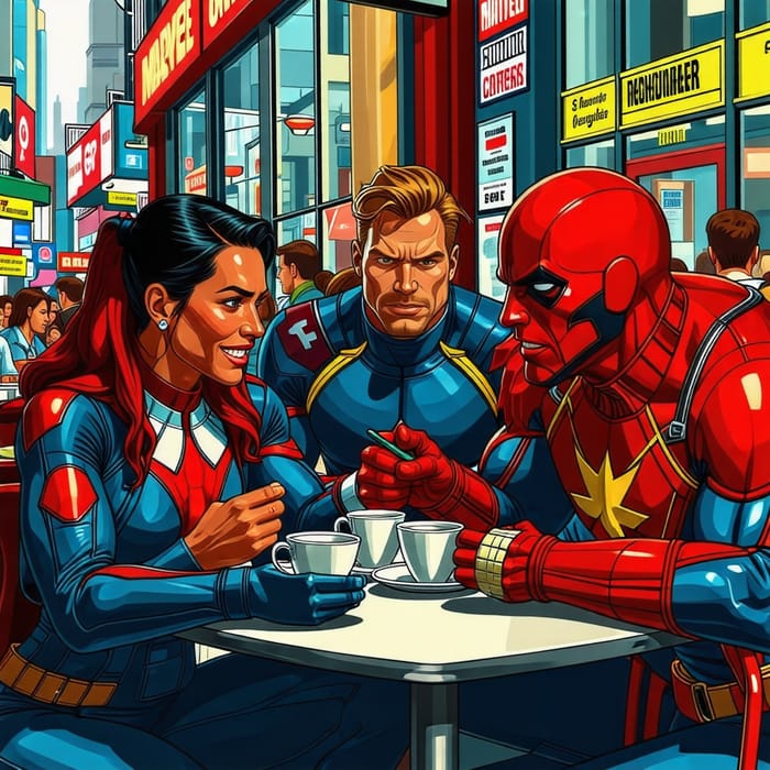 Marvel Heroes at a Bustling Café | Vibrant Art