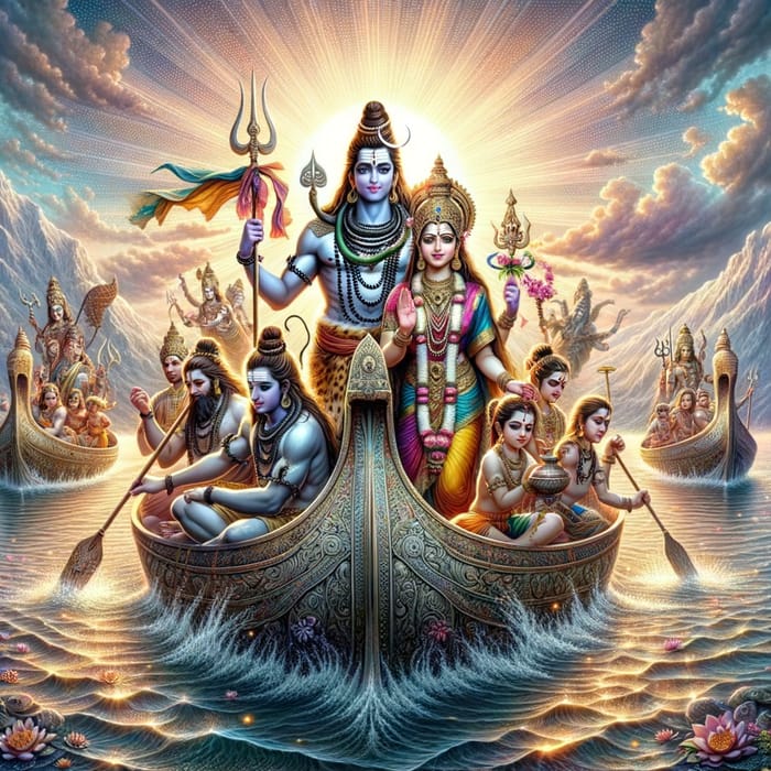 Hindu Deities Shiva, Parvathi & Kids on Boat with Sun & Water