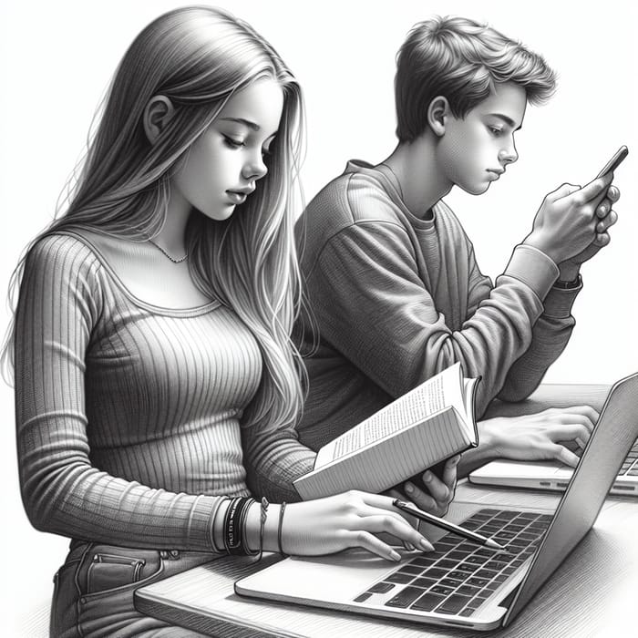 Caucasian Teens Pencil Sketch: Reading & Tech Focus