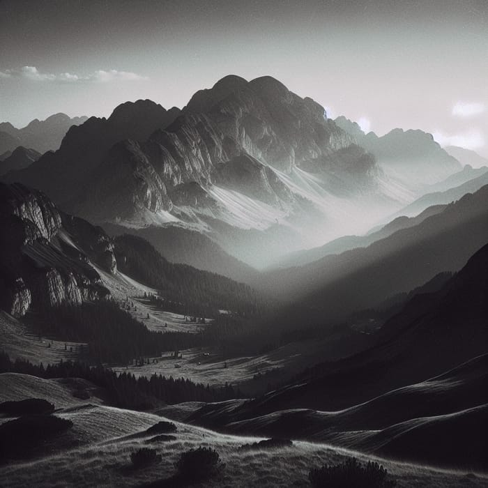 Vintage Mountain Landscape in High Contrast Black and White