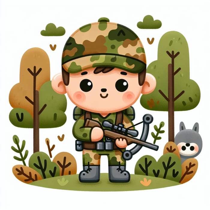 Adorable Cartoon Hunter in Whimsical Wilderness