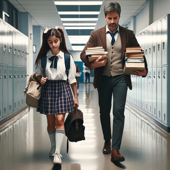 Student and Teacher Carrying Papers in School