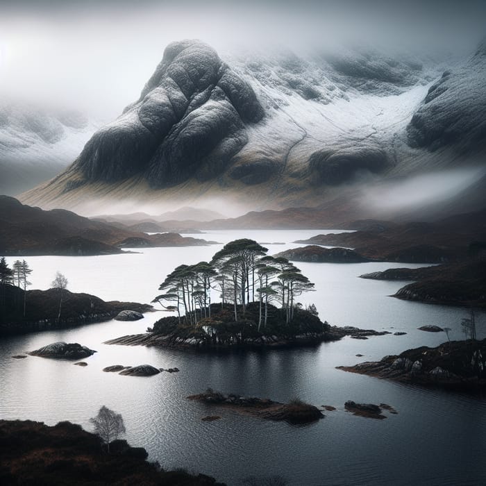 Scottish Mountain Landscape with Snow, Loch, and Pine Trees