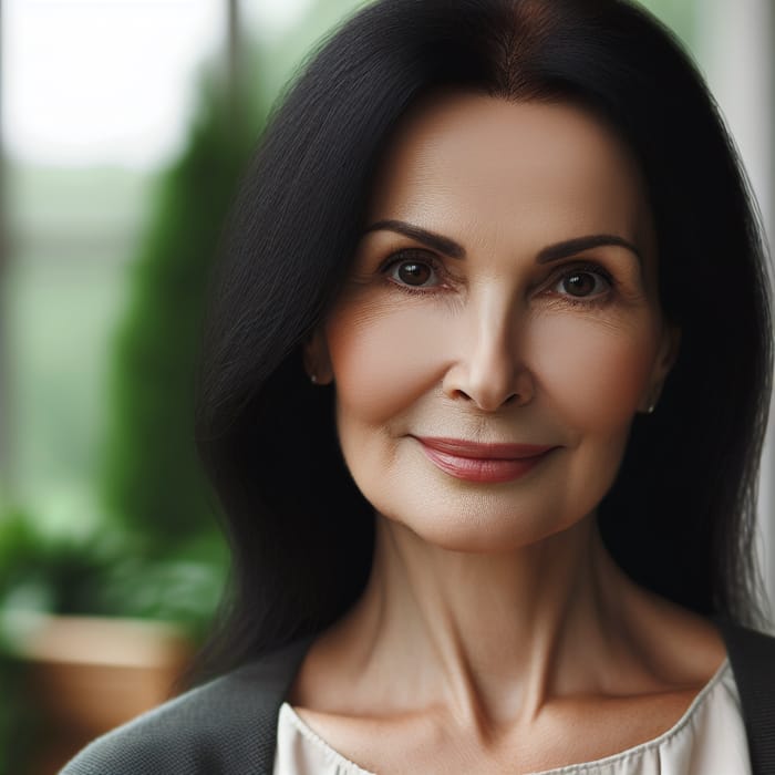 Elegant 50-Year-Old Lady with Black Hair and Brown Eyes