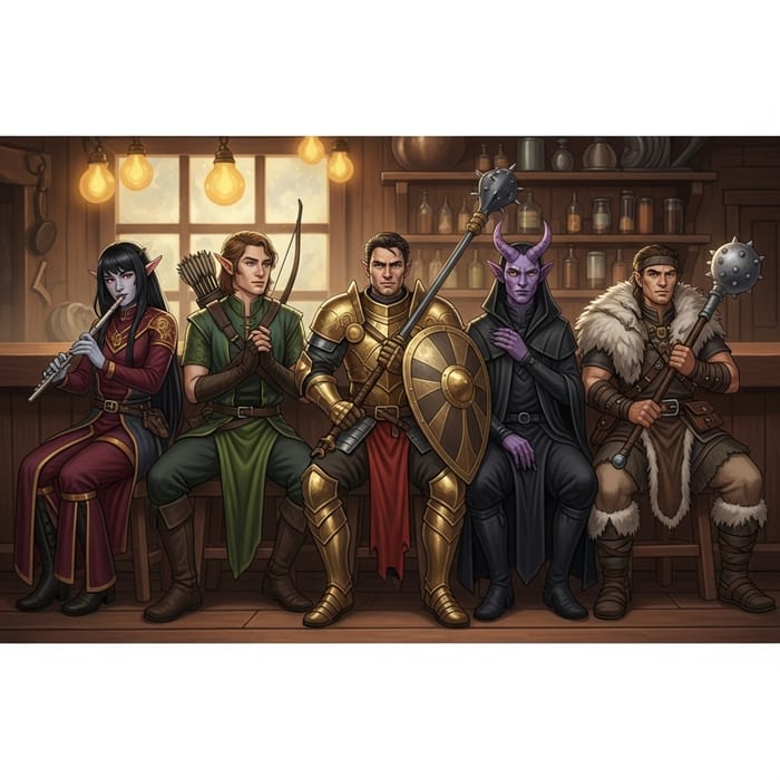 Five Adventurers in a Tavern Scene