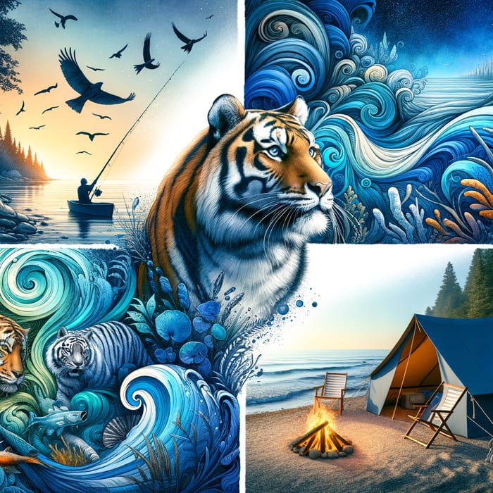 Tranquil Sea Life Scene with Tent, Fishing Rod, and Bold Tiger