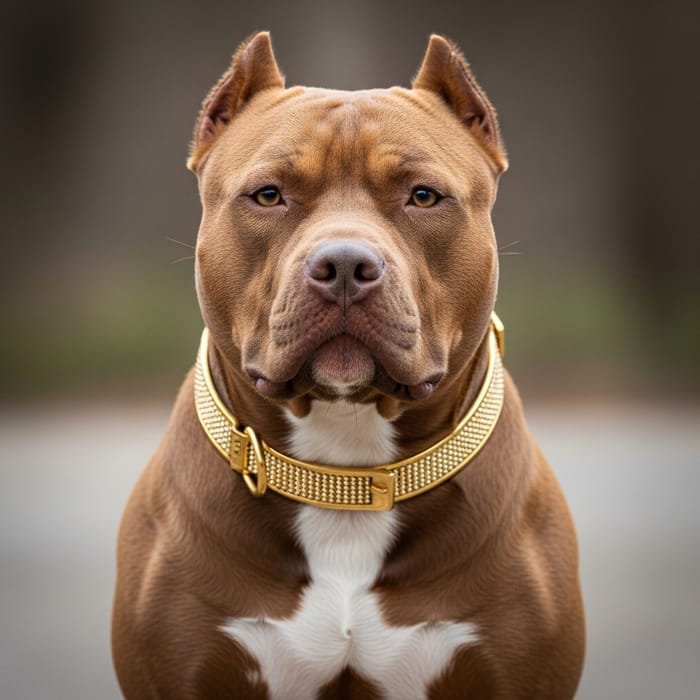 Strong Brown Pit Bull with Beautiful Gold Collar