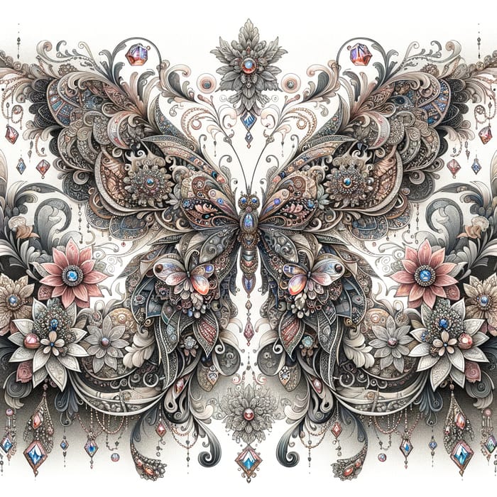 Intricate Butterfly Pattern with Delicate Floral, Jewels, and Baroque Inspiration