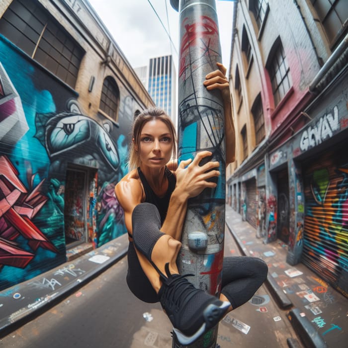 Vibrant Urban Energy: Confident Pole Climb in Graffiti Alley