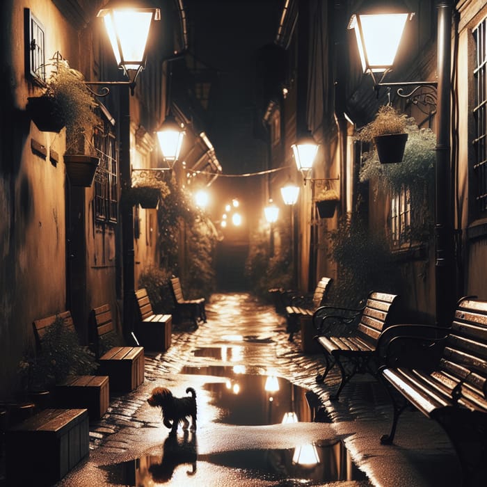 Nighttime Alleyway: Wet Pavement, Lamp Posts, & Stray Dog