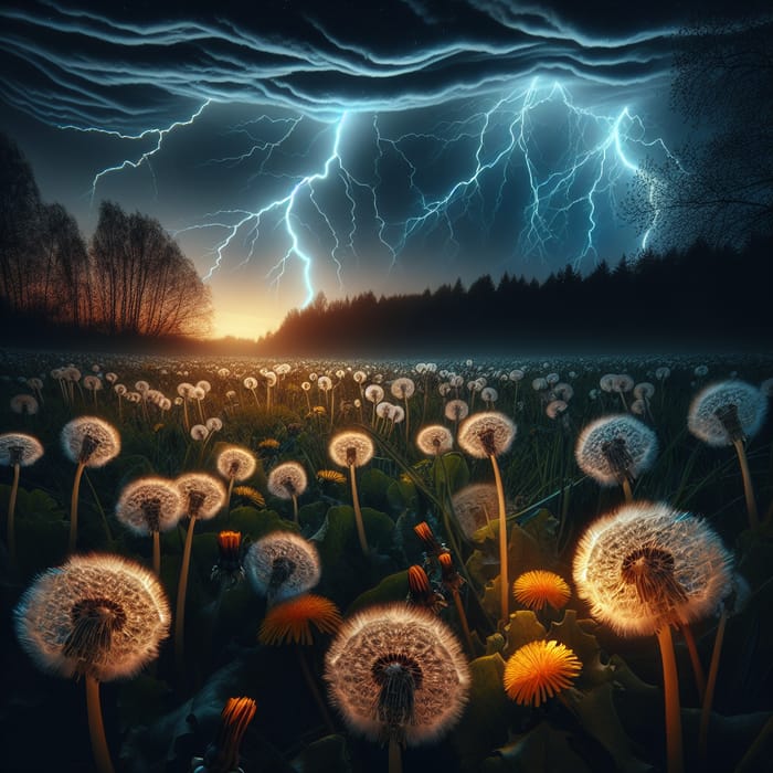 Surreal Lightning Storm Awakens Dandelions in Field