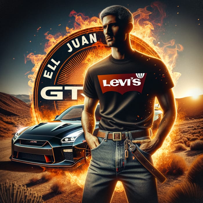 El Juan Logo with GTR Car and Man in Black Shirt in Desert