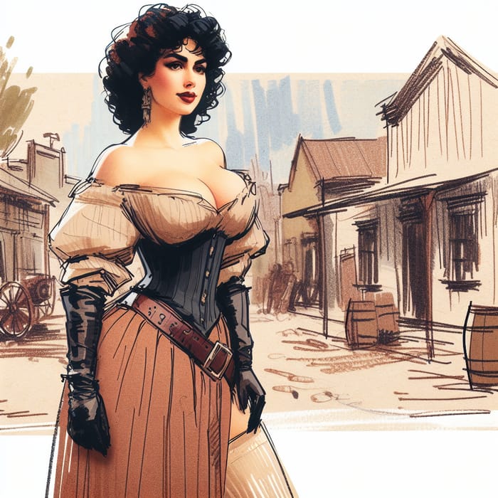 Caucasian Woman with Curly Black Hair in 19th Century Western Village Scene