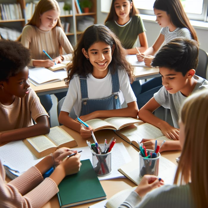 In School Girl Sitting with Classmates: Interactive Study Session