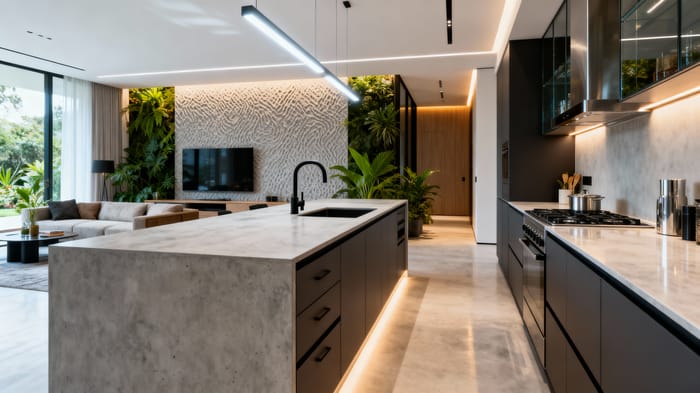 Biophilic Kitchen Living Combo with 2m Island Design Biophilic Kitchen Living Combo with 2m Island Design
