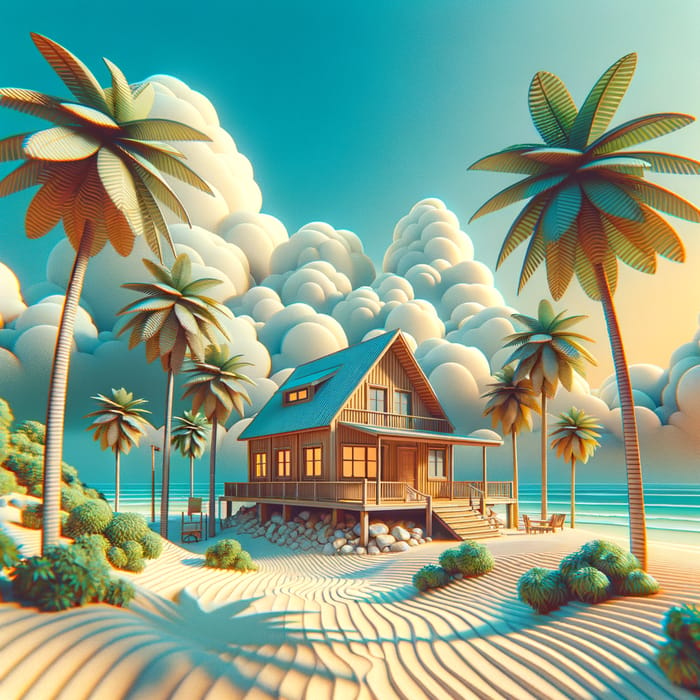 3D Beach House with Palm Trees and Sunny Sky