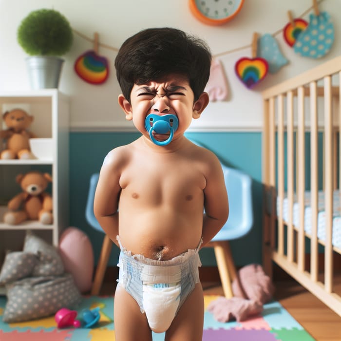 Adorable Boy in Colorful Nursery Wearing Diaper and Pacifier