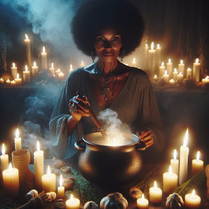 Tranquil African American Woman Creating Herbal Concoction - Mystical Scene