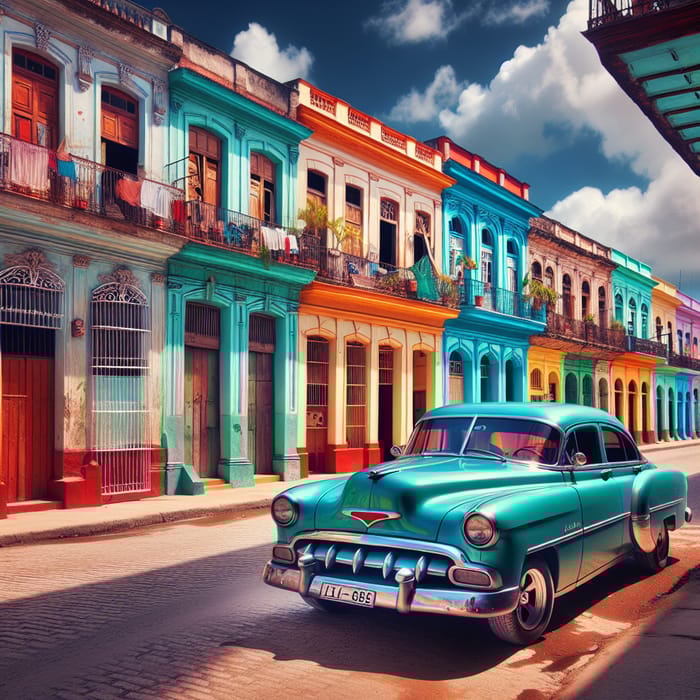 Colorful Cuban Street Scene: Vibrant Houses & Vintage Car Colorful Cuban Street Scene: Vibrant Houses & Vintage Car