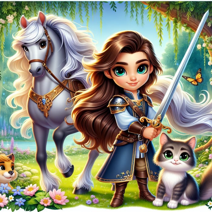 Adorable Disney-Style Warrior Princess with Horse and Cat | Enchanting Scene