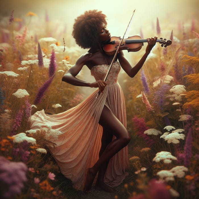 Passionate Black Woman Playing Violin in Wildflower Field | Impressionistic Photography