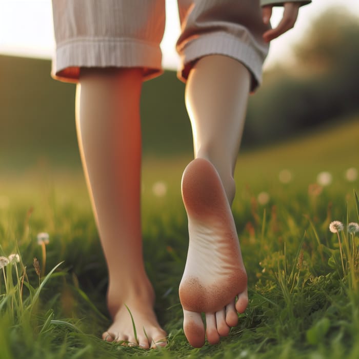 Serene Teen Woman Walking Barefoot on Lush Grass