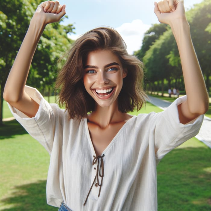 Happy Person with Radiant Smile in Park | Joy and Victory