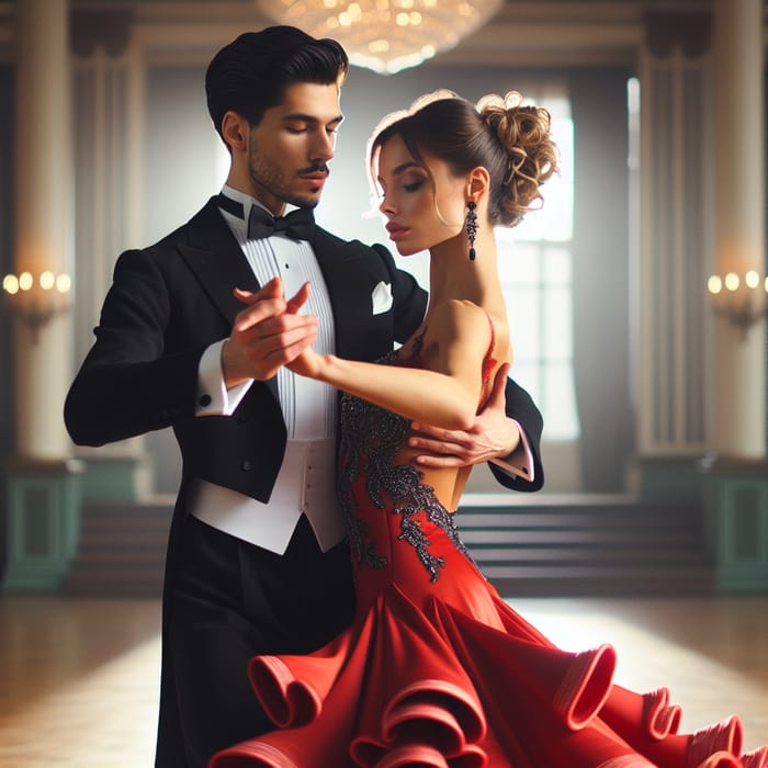 Elegant Waltz Dance: Graceful Couple on Polished Wooden Floor