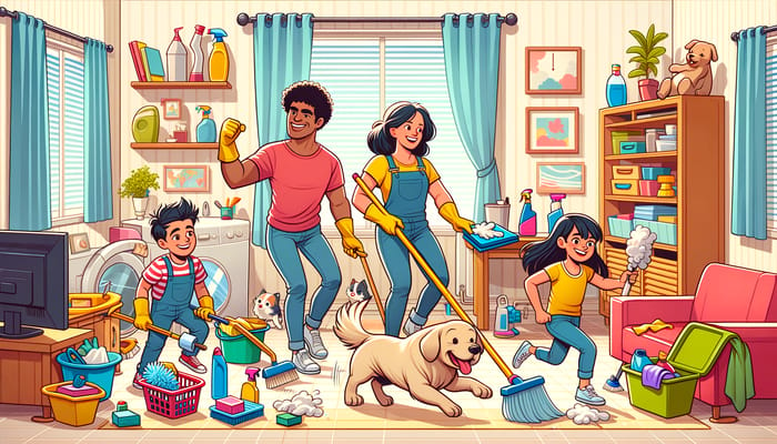 Spring Cleaning Cartoon: Family of 4 Cleaning with Dog