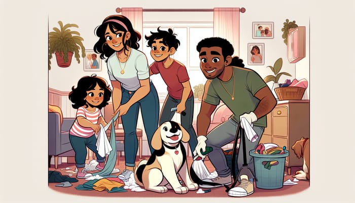 Happy Family Cleaning Together in Cartoon Style