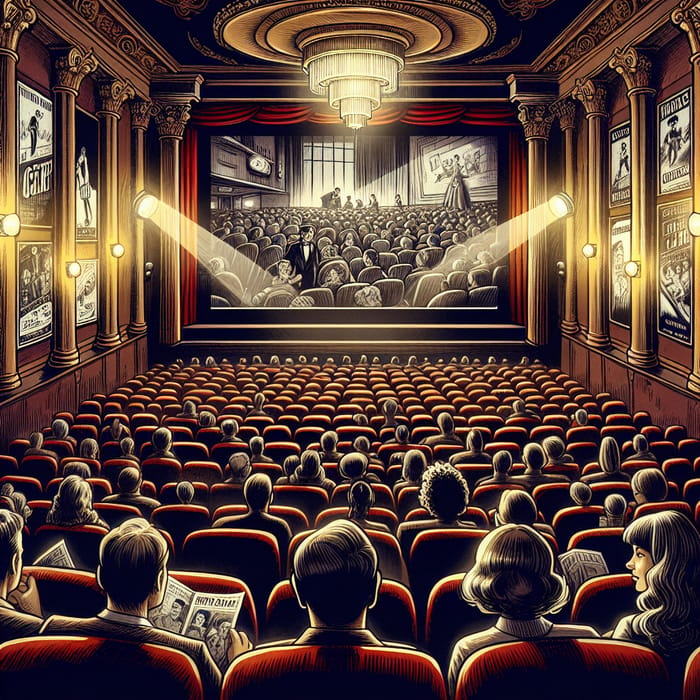 Vintage Cinema Scene with Diverse Moviegoers