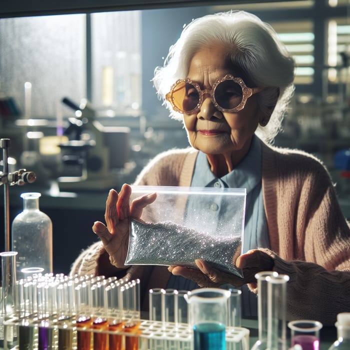 Elderly Woman with Mercury Powder in Laboratory Setting