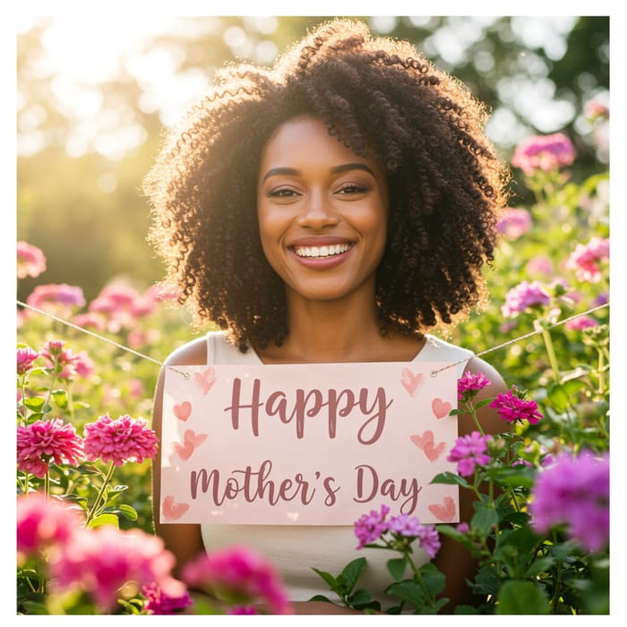 Happy Mother's Day: Joyful Black Woman in Blooming Garden Happy Mother's Day: Joyful Black Woman in Blooming Garden