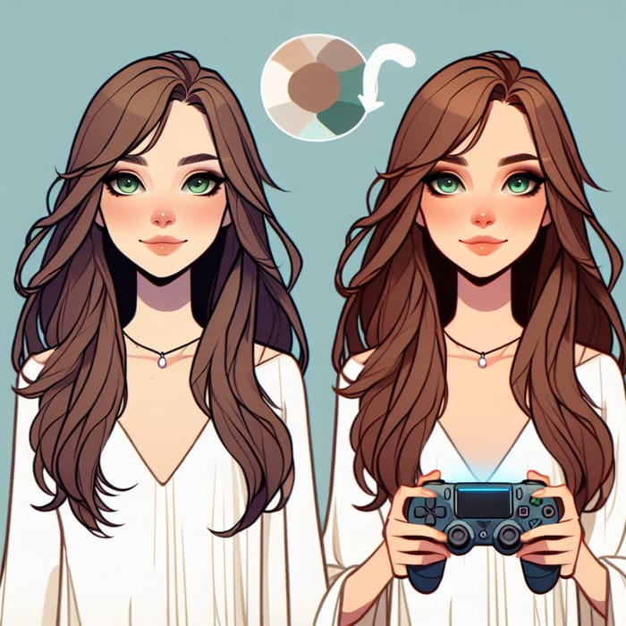 Digital Whimsical 20-Year-Old Girl with Green Eyes Holding a Gaming Controller