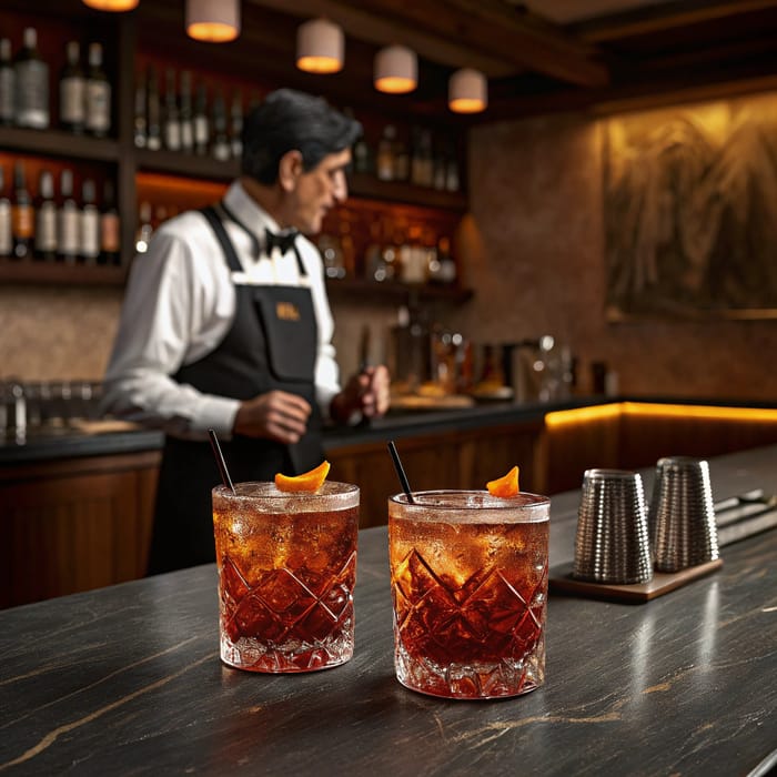 60-Year-Old Bartender Serving Negroni Cocktails