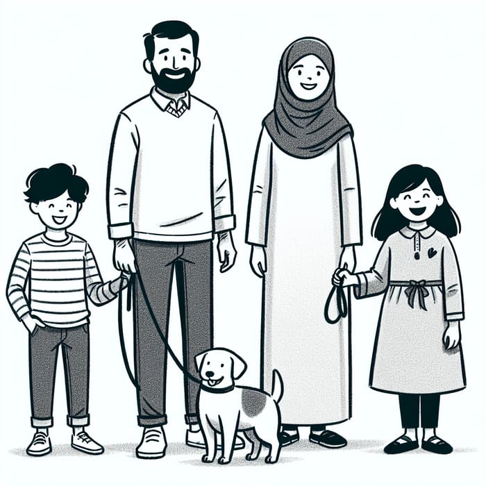 Diverse Stick-Figure Family of Color with Dog - Joyful Scene