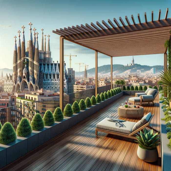 Barcelona Cityscape Rooftop Terrace with Synthetic Decking, Pergola, and Chillout Zone